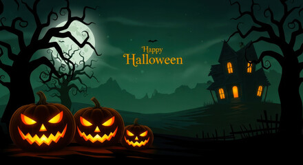 Fototapeta premium Happy halloween greeting with carved pumpkins and a haunted house under the full moon
