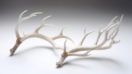 Obraz premium A pair of off-white antlers with multiple tines extending outward at various angles,