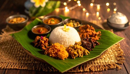 Delicious South Indian Vegetarian Meal on Banana Leaf at Restaurant