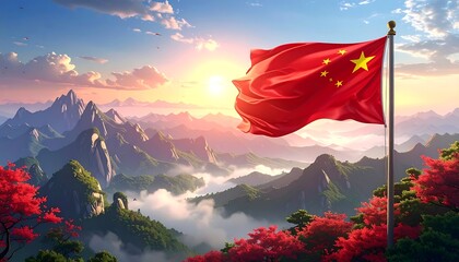 Majestic Chinese flag over misty mountains at sunrise