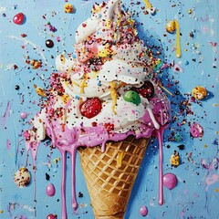 A delightful ice cream cone with colorful toppings and a vibrant blue background, a sweet treat for any occasion