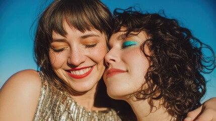 Obraz premium Two individuals with closed eyes pose closely together, one with brown hair and red lips,