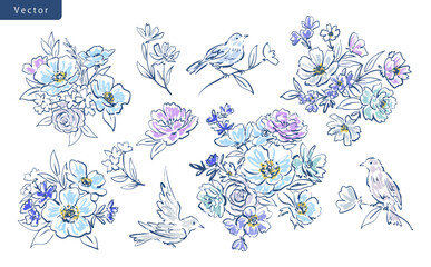 Hand Painted floral and birds line art clipart set on a transparent background. Elegant anemone and wild flowers illustrations for Fabric, Interior and gift Wrapping. Vector files.