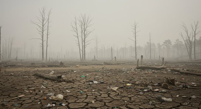 Desolate Landscape of Dead Trees and Plastic Pollution