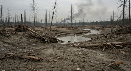 Desolate Landscape with Dead Trees and Industrial Smoke