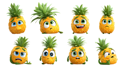 Cartoon Pineapple Character Expressions Bundle, isolated on transparent background