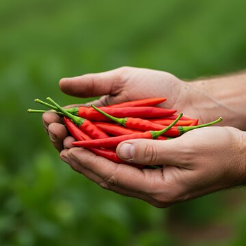 Hands holding a vibrant bunch of red chili peppers against a lush green background fresh harvest