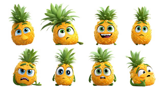 Cartoon Pineapple Character Expressions Bundle, isolated on transparent background