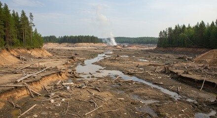 Desolate Landscape with Forest and Steam