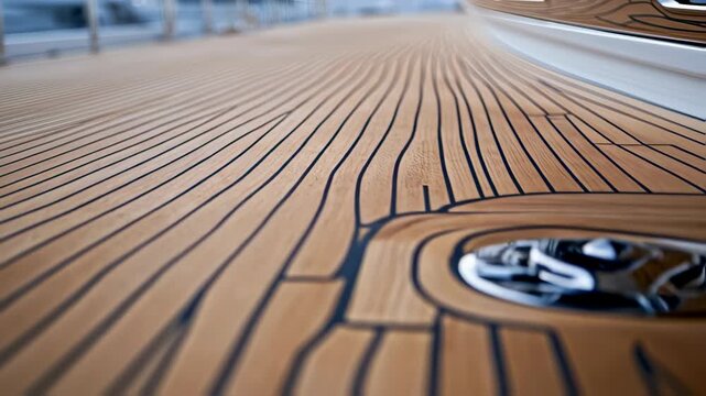 Luxury yacht teak deck with chrome fittings, showcasing maritime elegance and craftsmanship,
