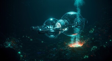 Futuristic underwater vehicle with glowing orbs and aquatic landscape against a dark backdrop suitable for digital art