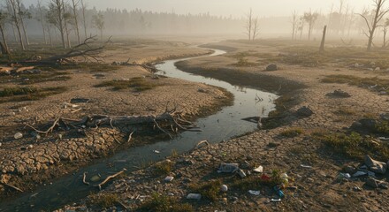 Desolate Landscape with Polluted River and Cracked Earth