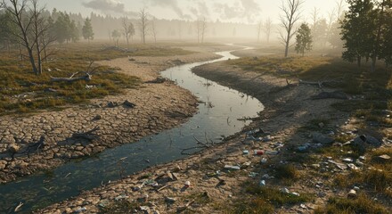 Desolate Landscape with Polluted River and Cracked Earth