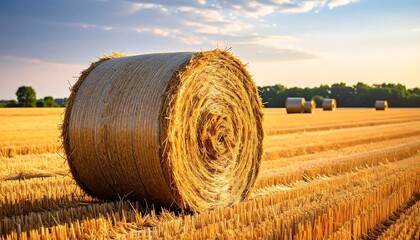 Hay bale in golden field at sunset