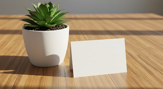 Minimalist succulent arrangement with blank card creating a sense of tranquility and space for - Powered by Adobe