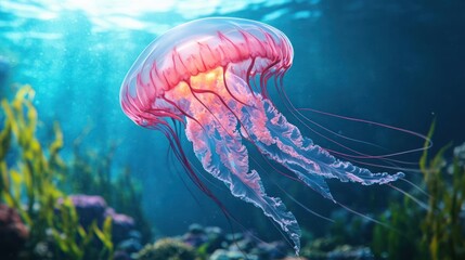 A radiant jellyfish gracefully drifts in an underwater ballet of light and color