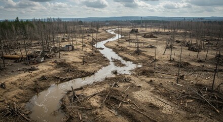 Desolate Landscape with Winding River and Dead Trees