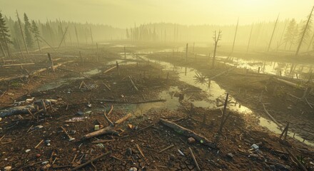 Desolate Swamp Landscape with Dead Trees and Polluted Water