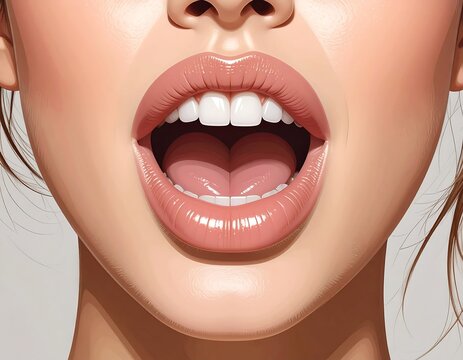 Close-up of a woman's open mouth, showcasing healthy teeth and lips - Powered by Adobe
