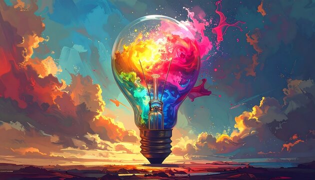 Vibrant Light Bulb of Creative Ideas Illuminating a Painterly, Colorful Sky.