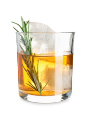 Glass of tasty Old Fashioned cocktail with rosemary on white background