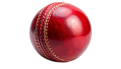 Shiny red leather cricket ball with stitched seam isolated on transparent background