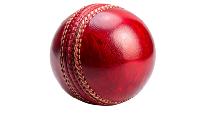 Shiny red leather cricket ball with stitched seam isolated on transparent background