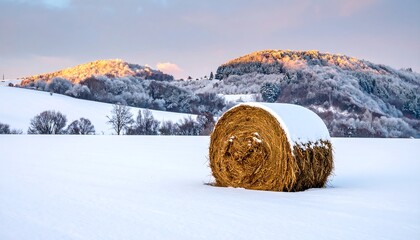 Hay bale in snowy field at sunrise