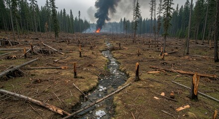 Devastated Forest Fire Aftermath with Smoke Plume