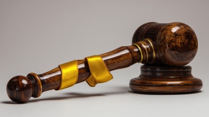 A ceremonial judges gavel with polished wooden head and golden ribbon rests horizontally on its base,