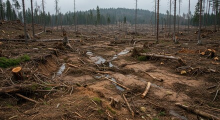 Obraz premium Devastated Forest Landscape After Extensive Logging Operations
