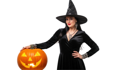 Beautiful woman in a witch costume with a pumpkin isolated on a transparent background for a Halloween party