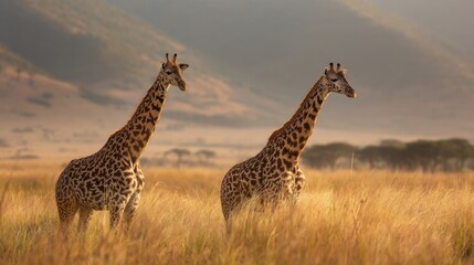 Obraz premium Two giraffes stand in tall golden grass on an African savanna with misty mountains in the background,