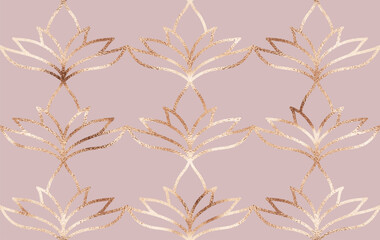 Art deco floral seamless pattern with gold lotus tiles.