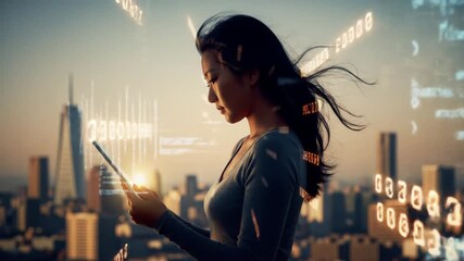 Asian Woman Using Tablet with Cityscape Background and Binary Code Overlay - Powered by Adobe