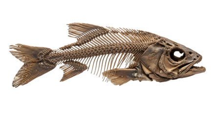 Fish skeleton isolated on transparent background, a stark reminder of lifes cycle, showcasing the intricate bone structure and the fragility of existence