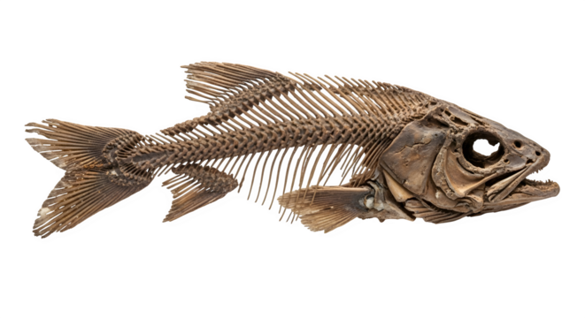 Fish skeleton isolated on transparent background, a stark reminder of lifes cycle, showcasing the intricate bone structure and the fragility of existence