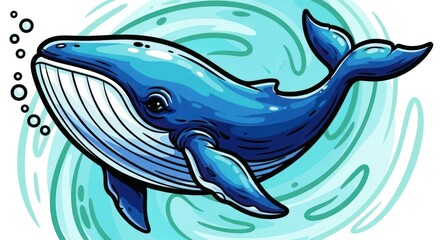 Obraz premium Vibrant cartoon whale illustration swimming in water with bubbles
