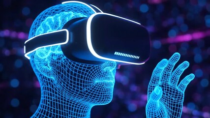 Blue Wireframe Head with VR Headset on Neon Purple Background - Powered by Adobe