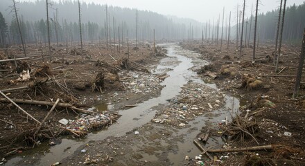 Devastated Forest Landscape Polluted by Plastic Waste