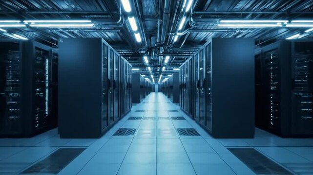 Blue Data Center Server Room with Rows of Rack Mounted Servers