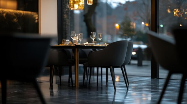 Elegant restaurant setting showcasing a formally arranged table near a large window providing