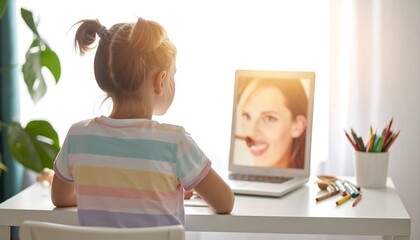 Little Girl Engaged in Online Learning with Teacher.