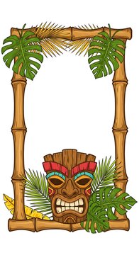 Tropical tiki mask frame with bamboo and leaves offers a vibrant summer getaway feel