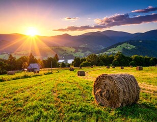 Hay bales at sunset in a mountain valley
