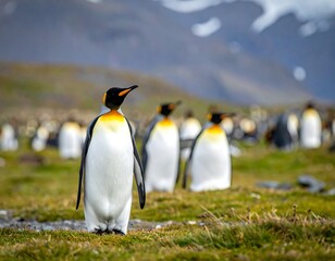 Obraz premium Penguins on grassy field