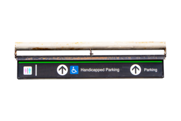 Black sign with white letters icon and symbol for Handicapped Parking hanging from large steel beam. Isolated on cutout PNG or transparent background. Inform tourists about places in airport or park.