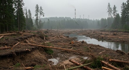 Devastated Forest Landscape with Industrial Smokestacks in Background