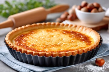 Freshly baked homemade custard tart in baking pan