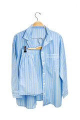 Blue striped Pyjamas Set isolated on white background, cutout object. Home sleepwear female blue...